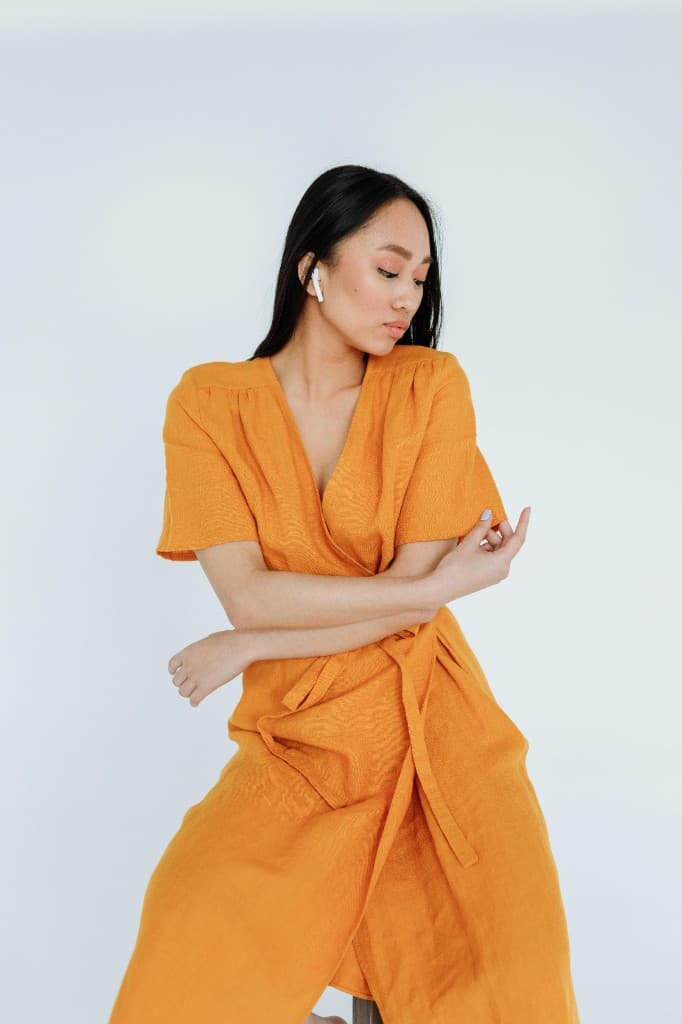 Linen wrap dress in mustard linen, studio look