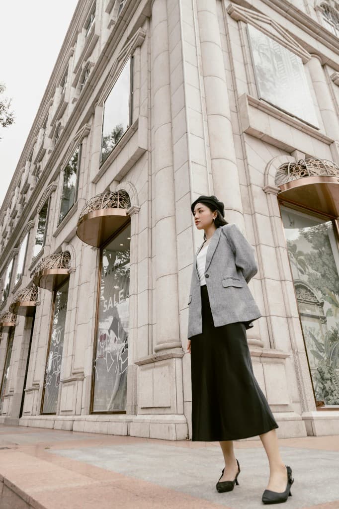 Structured grey blazer styled for the city