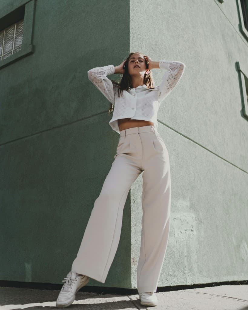 Eyelet crop top with wide-leg trousers